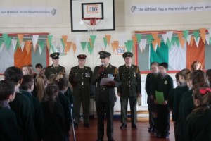 Lieutenant Peter Dunne addressing the children of 3rd, 4th, 5th and 6th classes.